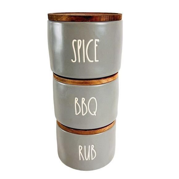 Rae Dunn SPICE BBQ RUB Cellar Wooden Lid Set of 3 Canister Stackers Stackable - Picture 1 of 9